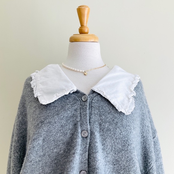 Mango Sweaters - Mango Gray Button-Front Cardigan with White Peter Pan Collar Preppy!